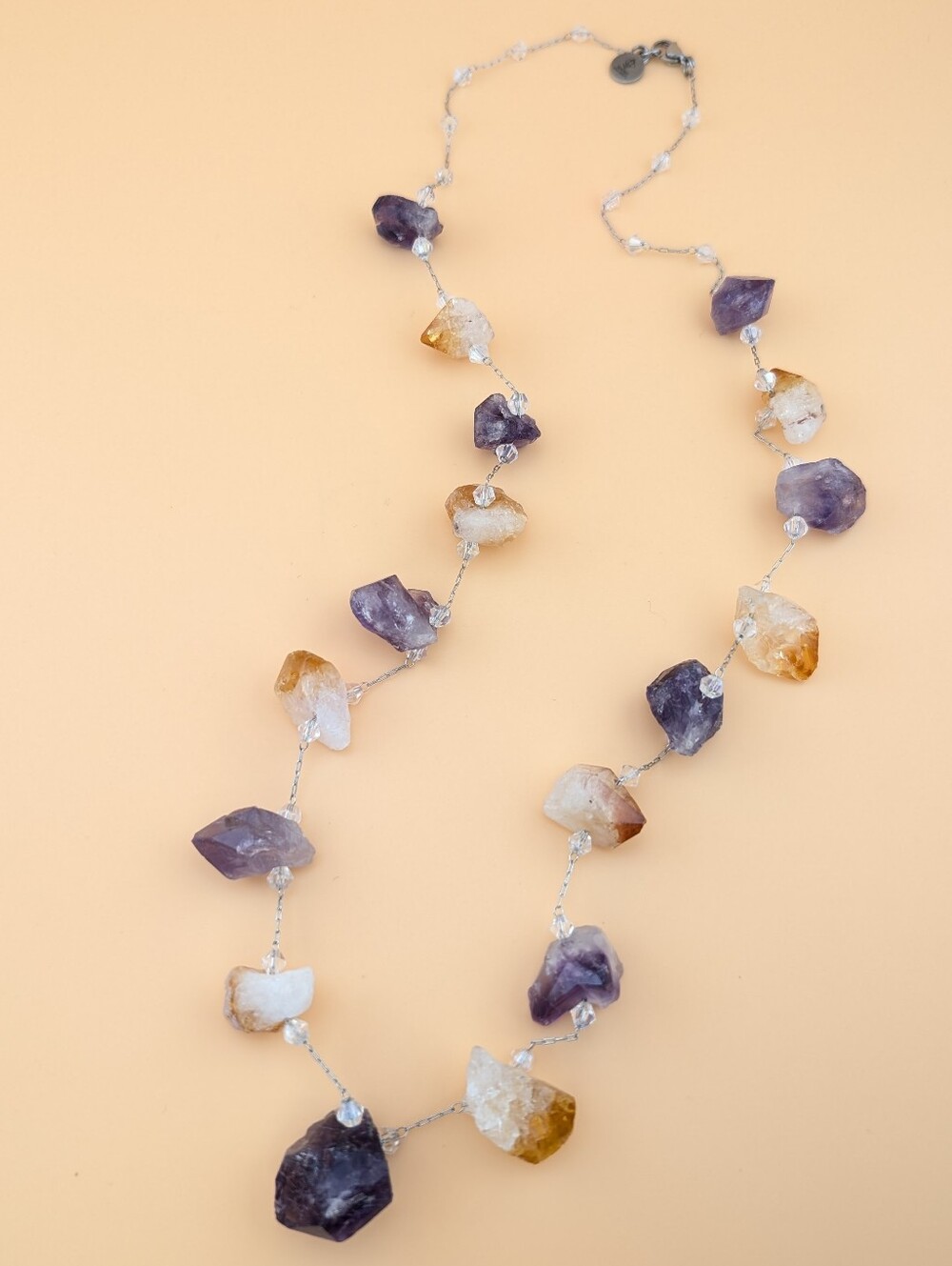 NWT Raw Citrine Amethyst Rough Crystal Statement Necklace Chunky Boho Gemstone